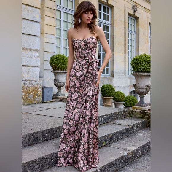 V. Chapman The Cecilia Dress Chocolate Peony Print Size 12 Pink Corset Back NEW - Picture 1 of 7